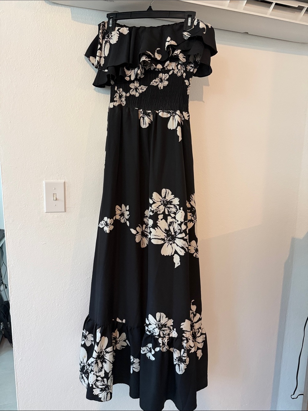 MM Couture Black Strapless Maxi Dress with White Floral Print
